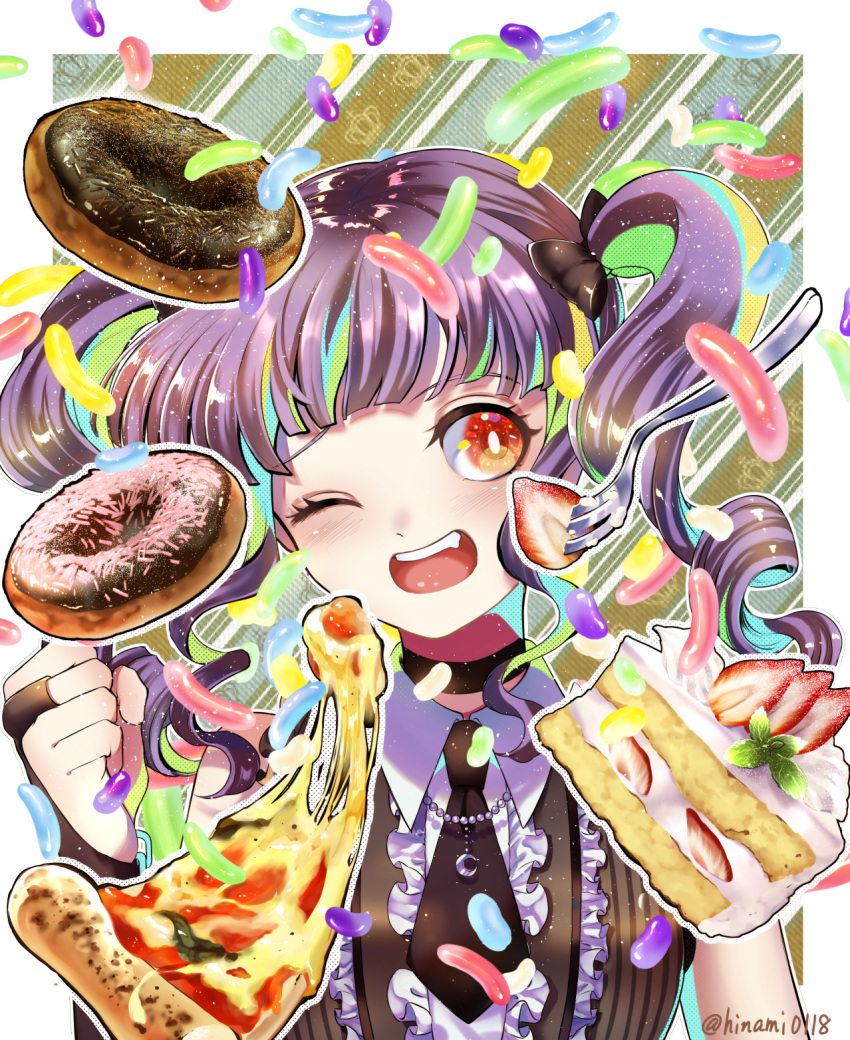 ;d bang_dream! bangs birthday black_choker black_neckwear blunt_bangs border bow choker clenched_hand commentary curly_hair doughnut fang food hair_bow happy_birthday head_tilt highres jewelry necklace necktie one_eye_closed open_mouth outside_border pizza purple_hair red_eyes short_necktie smile strawberry_shortcake twintails twitter_username udagawa_ako upper_body white_border wing_collar zassou_(ukjpn)