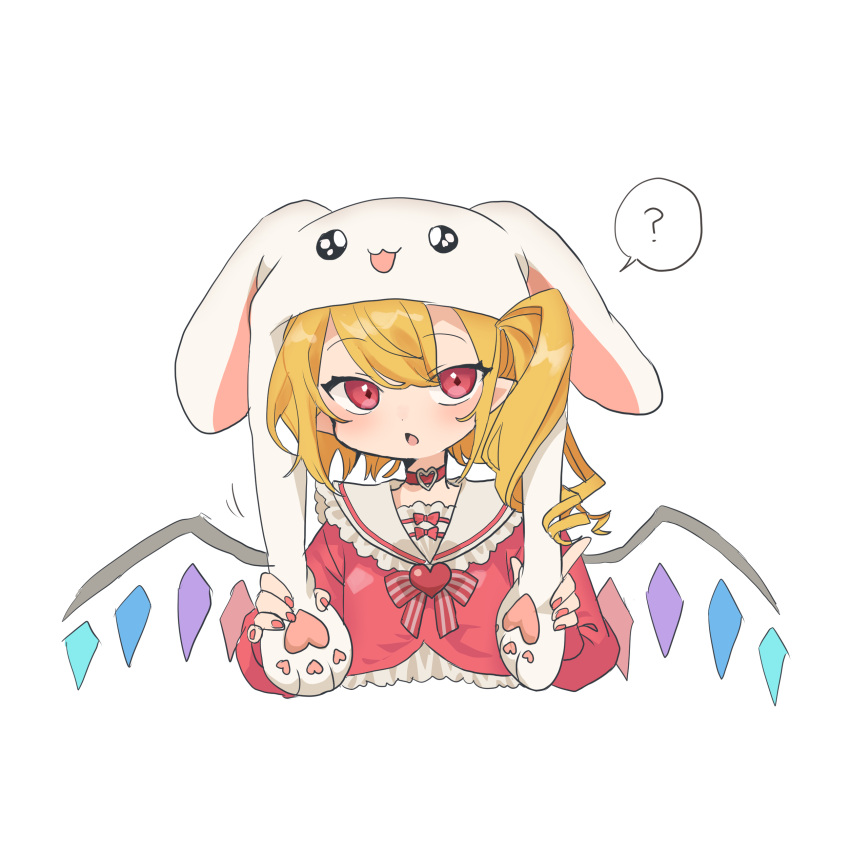 :3 :o ? absurdres animal_ears animal_hood blonde_hair brooch bunny_hood choker commentary_request crystal dress ears_down eyebrows_visible_through_hair fingernails flandre_scarlet frilled_dress frills hair_between_eyes heart highres hood jewelry looking_at_viewer medium_hair neckerchief one_side_up pointy_ears rabbit_ears red_choker red_dress red_eyes red_nails semimaru_(user_zzuy5884) touhou upper_body wings