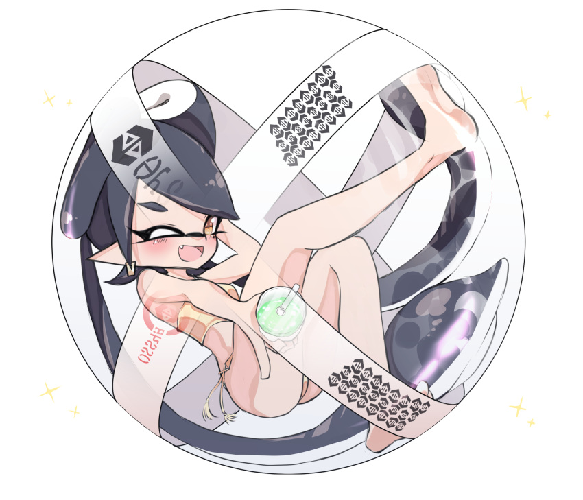 +_+ 1girl ;d aori_(splatoon) arm_behind_head baller_(splatoon) barefoot bikini black_hair blush cup disposable_cup domino_mask drinking_straw earrings fang highres holding holding_cup inkling_(language) jewelry long_hair looking_at_viewer mask mole mole_under_eye one_eye_closed open_mouth pointy_ears side-tie_bikini simple_background sitting smile solo sparkle splatoon_(series) splatoon_2 sukeo_(nunswa08) swimsuit tentacle_hair very_long_hair white_background yellow_bikini