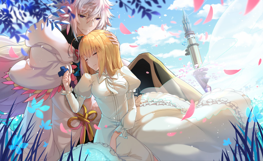 1boy 1girl absurdres artoria_pendragon_(all) bangs blonde_hair blue_sky closed_eyes closed_mouth clouds day dress eyebrows_visible_through_hair fate/grand_order fate_(series) frilled_dress frills hand_on_another's_head highres huge_filesize kotatsu_kaya long_dress long_hair long_sleeves merlin_(fate) outdoors petals saber silver_hair sitting sky sleeping smile violet_eyes white_coat white_dress white_neckwear