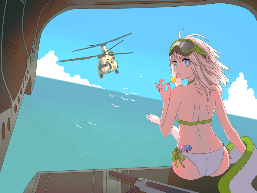 1girl aa-12 aa-12_(girls_frontline) ahoge aircraft ass back bags_under_eyes bangs bikini blue_eyes blue_sky candy ch-47_chinook clouds commentary_request day food from_behind girls_frontline goggles goggles_on_head gun helicopter licking lollipop long_hair looking_at_viewer looking_back military military_vehicle ocean shotgun side-tie_bikini sidelocks silver_hair sitting sky solo swimsuit tab_(tabkun) tongue tongue_out towel water weapon