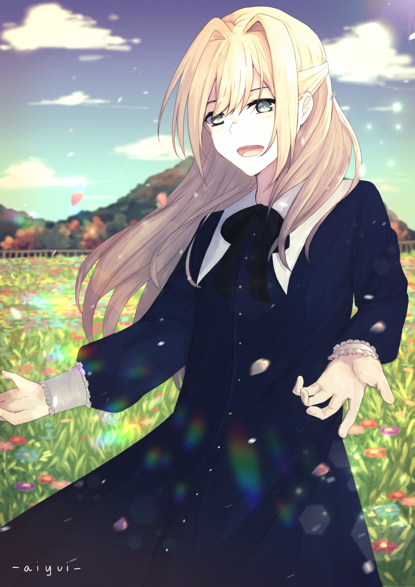 1girl absurdres aiyui artist_name blonde_hair blue_dress blush clouds commentary_request day dress field flower flower_field hair_between_eyes hair_intakes happy highres long_hair long_sleeves mountain original outdoors sky solo standing upper_teeth