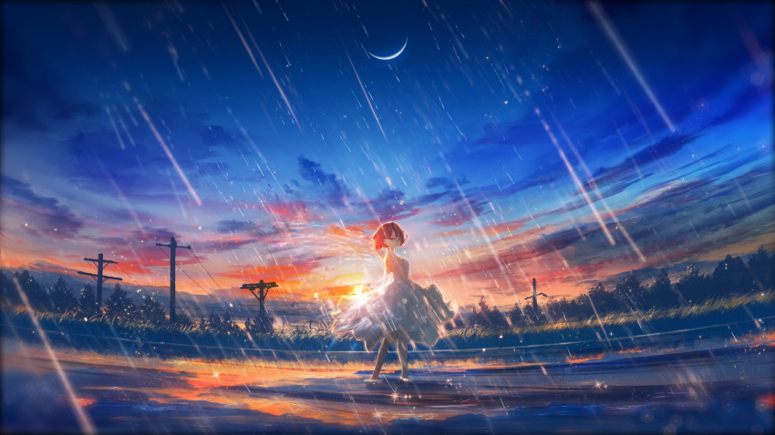 1girl bangs bare_shoulders brown_hair closed_mouth clouds commentary dawn dress grass highres holding_dress looking_at_viewer medium_hair moon original power_lines rain sky smile solo standing water white_dress y_y_(ysk_ygc)