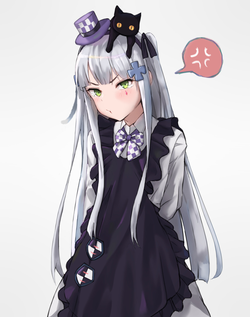 1girl anger_vein animal bangs blush bow bowtie cat dress facial_mark girls_frontline green_eyes hat highres hk416_(girls_frontline) long_hair looking_at_viewer niac pout silver_hair solo spoken_anger_vein tears top_hat very_long_hair