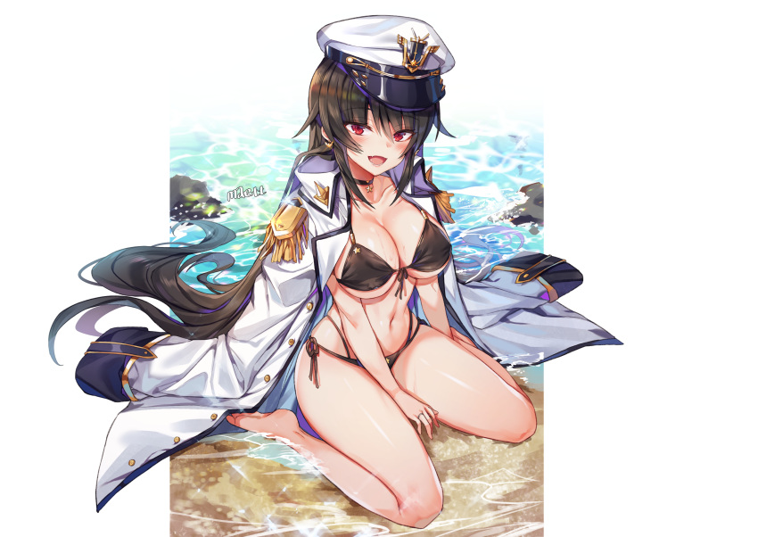 1girl bangs beach bikini black_bikini black_hair blush breasts epaulettes front-tie_top hat highres iris_yuma large_breasts long_hair looking_at_viewer maett military military_uniform navel open_mouth peaked_cap red_eyes sitting solo soul_worker swimsuit uniform wariza