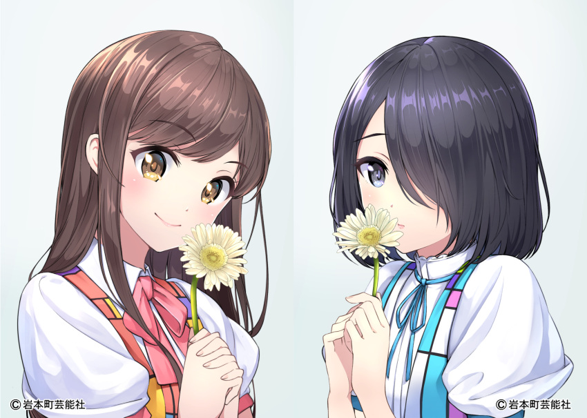 2girls black_hair blush brown_eyes brown_hair character_request closed_mouth collared_shirt copyright_request eyebrows_visible_through_hair flower grey_eyes hair_over_one_eye highres holding holding_flower looking_at_viewer multiple_girls nasubi_(w.c.s) puffy_short_sleeves puffy_sleeves shirt short_hair short_sleeves smile white_shirt