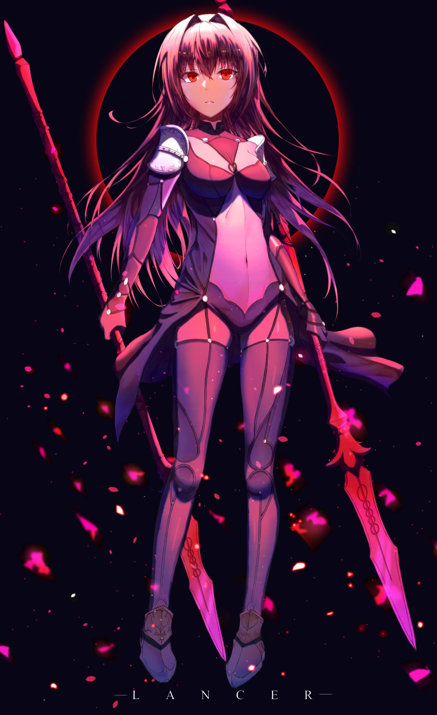 absurdres armored_boots black_background bodysuit boots breasts covered_navel dual_wielding eclipse english_text expressionless fate/grand_order fate_(series) gae_bolg hair_intakes highres holding holding_weapon long_hair looking_at_viewer medium_breasts neon_(hhs9444) pauldrons petals polearm purple_bodysuit red_eyes scathach_(fate)_(all) scathach_(fate/grand_order) shoulder_armor spear weapon