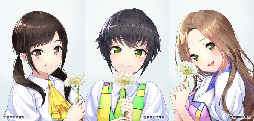 3girls black_hair blush brown_eyes brown_hair character_request closed_mouth copyright_request eyebrows_visible_through_hair green_eyes green_neckwear highres long_hair looking_at_viewer low_twintails medium_hair multiple_girls nasubi_(w.c.s) necktie open_mouth puffy_short_sleeves puffy_sleeves short_hair short_sleeves short_twintails smile twintails upper_teeth