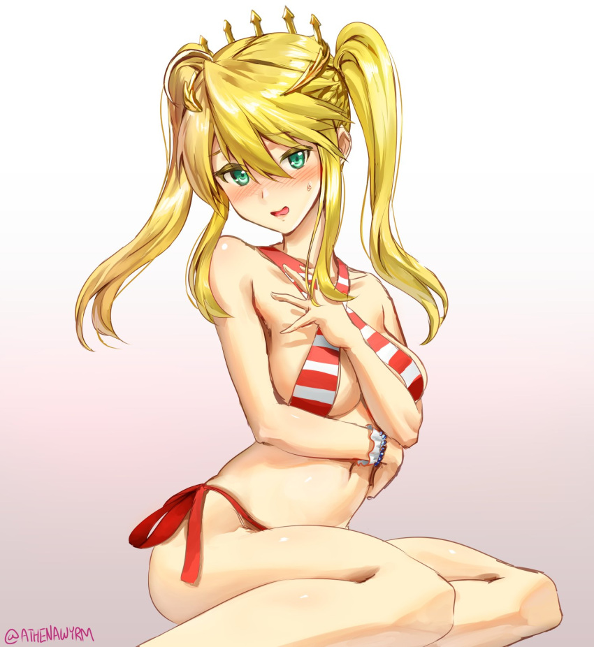 1girl artist_name artoria_pendragon_(all) artoria_pendragon_(lancer) athenawyrm bangs bare_shoulders bikini blonde_hair blush bracelet criss-cross_halter crown fate/grand_order fate_(series) gradient gradient_background green_eyes halterneck hand_on_own_chest highres jewelry long_hair looking_at_viewer navel nero_claudius_(fate)_(all) nero_claudius_(swimsuit_caster)_(fate) open_mouth shiny shiny_hair shiny_skin side-tie_bikini sidelocks signature sitting solo stomach striped striped_bikini swimsuit twintails