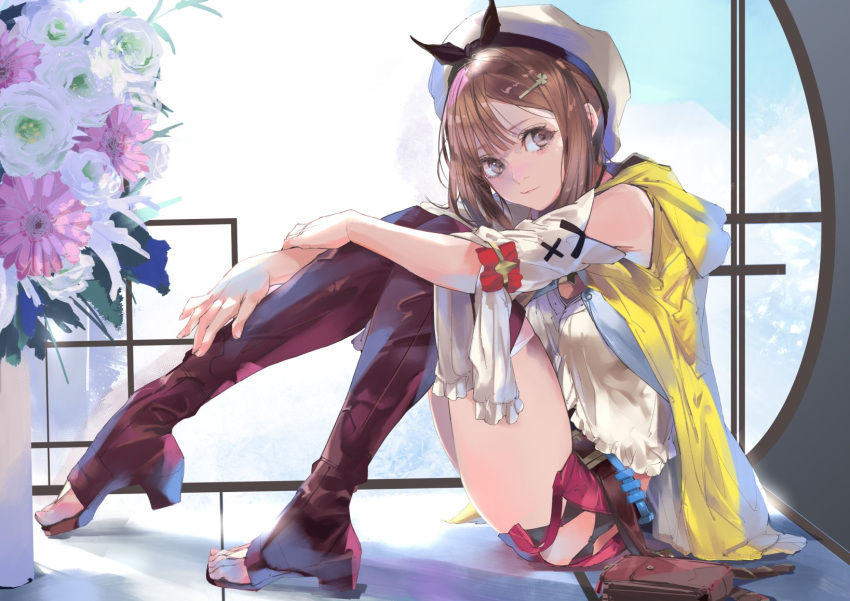 atelier_(series) atelier_ryza belt boots breasts brown_belt brown_gloves flower gloves hair_ornament hairclip highres jacket jewelry kiriyama large_breasts leather leather_belt leather_gloves necklace red_shorts reisalin_stout short_shorts shorts shoulder_cutout single_glove sitting sleeveless_jacket thighs toeless_boots vial white_headwear window yellow_jacket