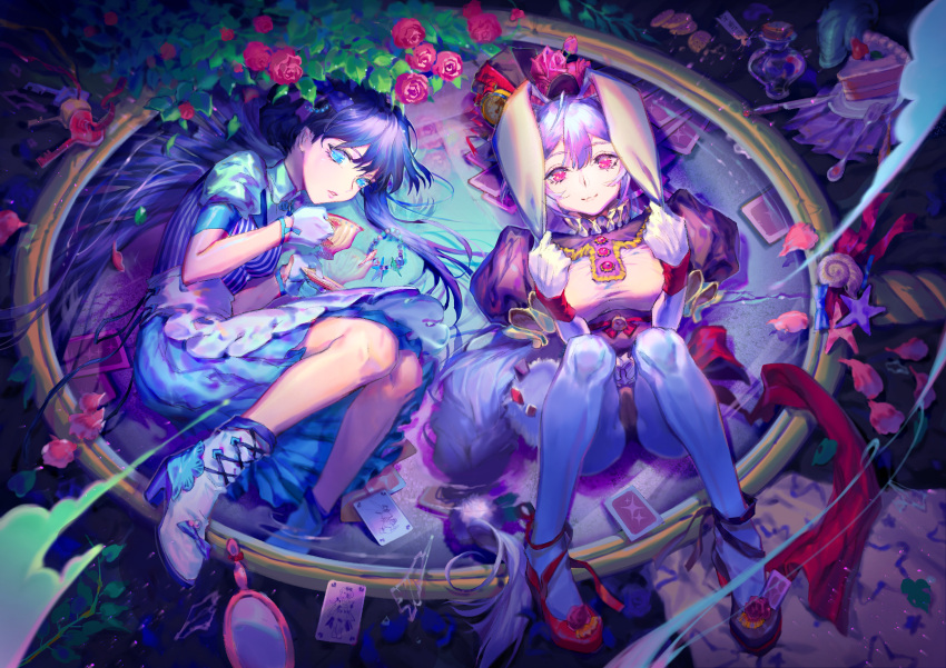 alice_(wonderland) alice_in_wonderland animal_ears blue_dress blue_eyes cake card cup dress elbow_gloves flower food gloves hat highres jewelry key keyring lolita_fashion long_hair looking_at_viewer mirror perfume pink_eyes playing_card rabbit_ears silver_hair slice_of_cake smile snail starfish striped teacup vertical_stripes very_long_hair white_gloves white_legwear white_rabbit wristband yuri