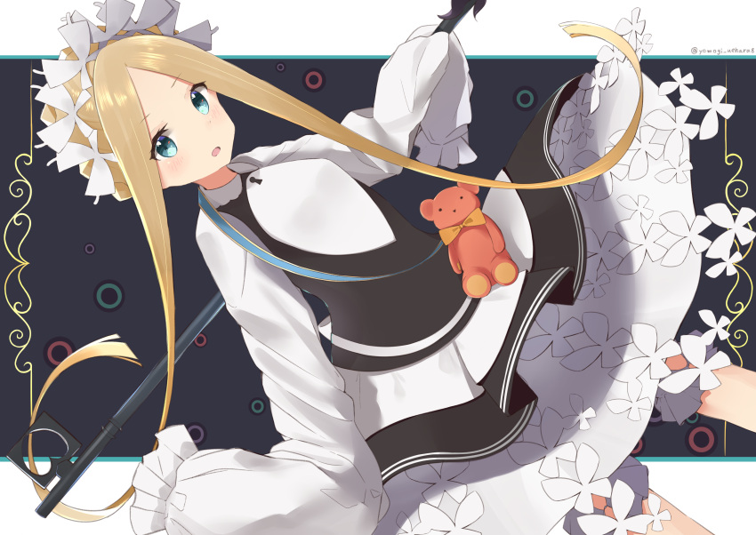 1girl abigail_williams_(fate/grand_order) absurdres apron artist_name bangs black_skirt blonde_hair bloomers blue_eyes bow butterfly_hair_ornament fate/grand_order fate_(series) hair_ornament heroic_spirit_chaldea_park_outfit highres key long_hair looking_at_viewer maid maid_apron maid_headdress orange_bow parted_bangs skirt sleeves_past_fingers sleeves_past_wrists stuffed_animal stuffed_toy teddy_bear underwear white_bow yomogi_uehara