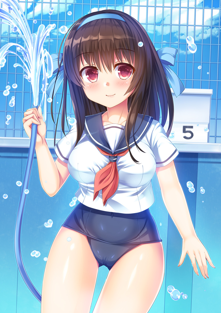 1girl ass_visible_through_thighs bangs blue_bow blue_hairband blue_sailor_collar blue_sky blue_swimsuit blush bow breasts brown_hair closed_mouth clouds cloudy_sky collarbone commentary_request covered_navel day eyebrows_visible_through_hair fingernails hair_between_eyes hair_bow hairband highres holding holding_hose hose indoors large_breasts long_hair neckerchief old_school_swimsuit one-piece_swimsuit original pool red_eyes red_neckwear sailor_collar school_swimsuit school_uniform serafuku shirt short_sleeves sky smile solo swimsuit swimsuit_under_clothes umitonakai water white_shirt window