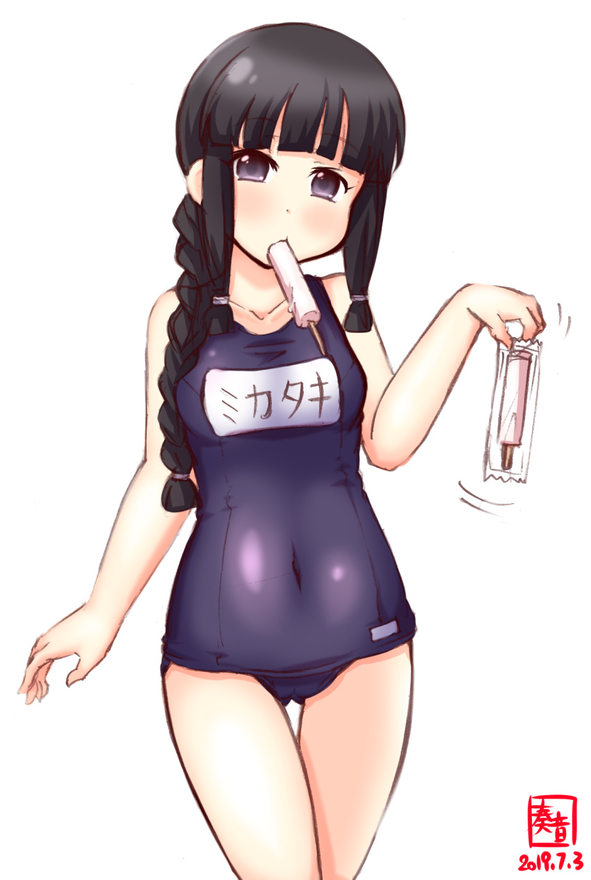 1girl alternate_costume artist_logo ass_visible_through_thighs bangs black_eyes black_hair blue_swimsuit blunt_bangs clenched_hand commentary_request cowboy_shot dated food highres kanon_(kurogane_knights) kantai_collection kitakami_(kantai_collection) long_hair looking_at_viewer mouth_hold name_tag popsicle school_swimsuit simple_background solo standing swimsuit thigh_gap white_background