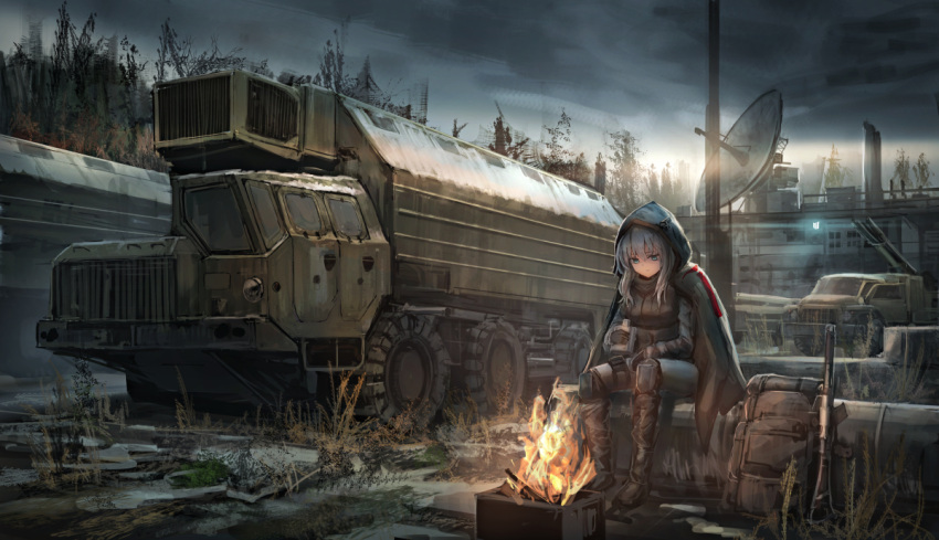1girl as_val assault_rifle backpack backpack_removed bag bangs black_gloves blue_eyes breasts building campfire car cloak clouds eyebrows_visible_through_hair fire flask formal frown gloves grey_hair grey_sky ground_vehicle gun hair_between_eyes holding holding_flask hood hood_up knee_pads lithium10mg long_hair long_sleeves looking_down military military_base military_vehicle motor_vehicle original pants rifle satellite_dish sitting sky solo suit thigh_strap weapon wheel zu-23-2
