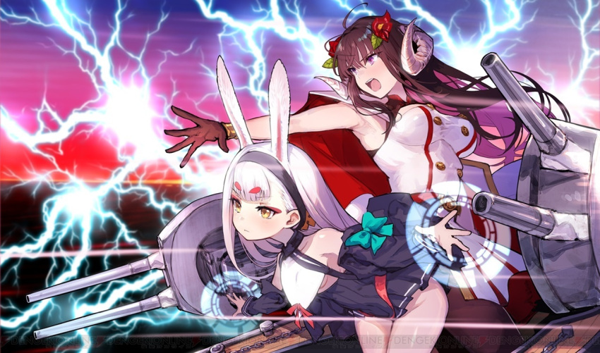 1girl animal_ears armpits azur_lane bangs bare_shoulders breasts brown_eyes brown_hair dress eyebrows_visible_through_hair flower gloves hairband horns long_hair long_sleeves rabbit_ears red_flower shimakaze_(azur_lane) skirt small_breasts suruga_(azur_lane) thick_eyebrows very_long_hair violet_eyes watermark white_hair