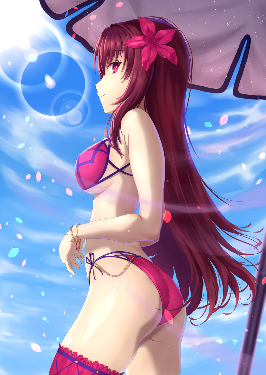 1girl absurdres ass bikini blue_sky breasts brown_hair closed_mouth cowboy_shot cute day fate/grand_order fate_(series) floating_hair flower from_side hair_between_eyes hair_flower hair_ornament highres huge_filesize lens_flare long_hair looking_at_viewer outdoors parasol profile red_bikini red_eyes red_flower scathach_(fate)_(all) scathach_(swimsuit_assassin)_(fate) side-tie_bikini sideboob sky smile solo sou_skate714 standing swimsuit type-moon umbrella very_long_hair