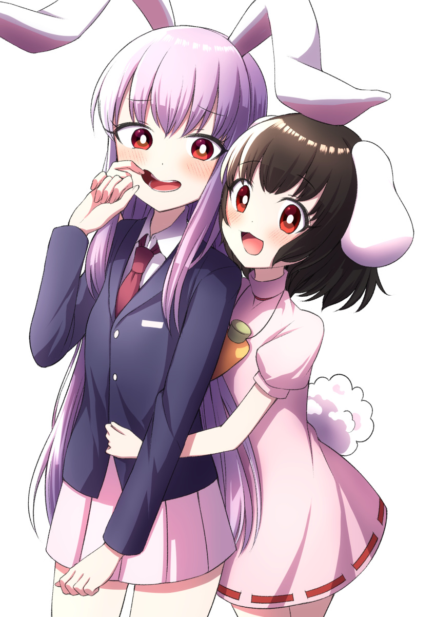 2girls :3 :d animal_ears bangs black_hair blazer blush bright_pupils bunny_tail carrot_necklace commentary_request cowboy_shot dress eyebrows_visible_through_hair finger_in_mouth hand_on_another's_stomach high_collar highres inaba_tewi jacket lavender_hair lavender_skirt long_hair long_sleeves looking_at_viewer miniskirt mouth_pull multiple_girls necktie open_mouth pink_dress puffy_short_sleeves puffy_sleeves rabbit_ears red_eyes red_neckwear reisen_udongein_inaba ribbon-trimmed_dress short_hair short_sleeves simple_background skirt smile standing tail touhou tsukimirin very_long_hair white_background white_pupils