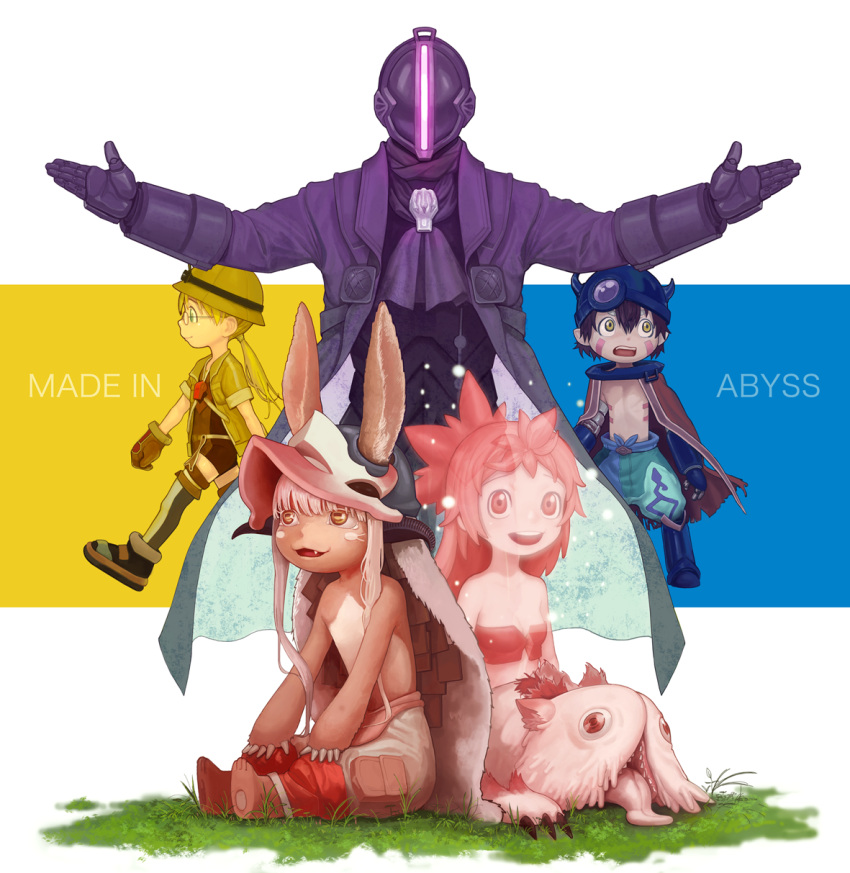 1other 2boys 2girls :d animal_ears answer_is_(kazunoko) blonde_hair bondrewd brown_gloves brown_hair cape copyright_name fang glasses gloves grass hat highres horns made_in_abyss mask mechanical_arm midriff mitty_(made_in_abyss) mitty_(made_in_abyss)_(furry) mitty_(made_in_abyss)_(human) multiple_boys multiple_girls nanachi_(made_in_abyss) open_mouth outstretched_arms pink_eyes pink_hair ponytail purple_gloves red_cape robot shorts smile white_hair yellow_headwear