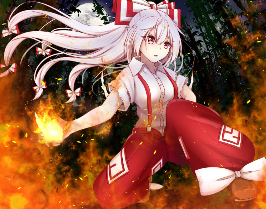 1girl bamboo bamboo_forest bangs bow breasts brown_footwear commentary_request embers eyebrows_visible_through_hair fire floating_hair forest fujiwara_no_mokou full_moon hair_between_eyes hair_bow highres long_hair medium_breasts moon musteflott419 nature night night_sky ofuda one_knee pants parted_lips ponytail red_eyes red_pants shirt shoes short_sleeves silver_hair sky solo suspenders torn_clothes torn_sleeves touhou very_long_hair white_bow white_shirt wing_collar