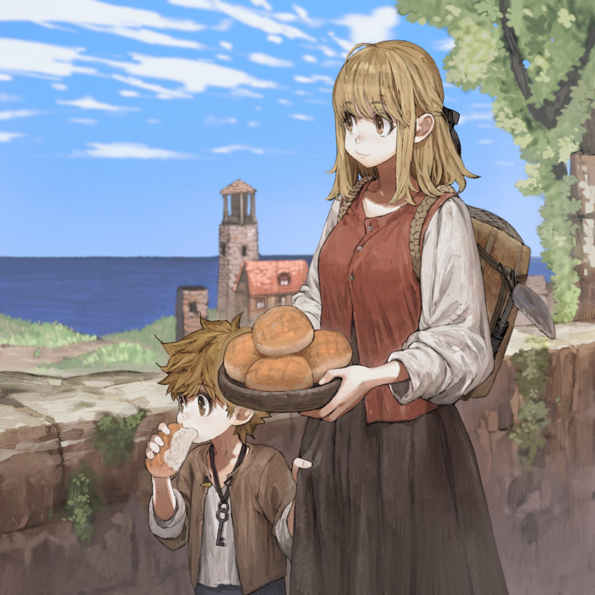 1boy 1girl ahoge backpack bag blonde_hair bowl bread brown_eyes brown_hair building character_request commentary_request eating eyebrows_visible_through_hair food hair_ribbon highres horizon jun_(seojh1029) key_necklace lighthouse medieval ocean original ribbon rock scenery shirt skirt_grab stone_wall tree wall