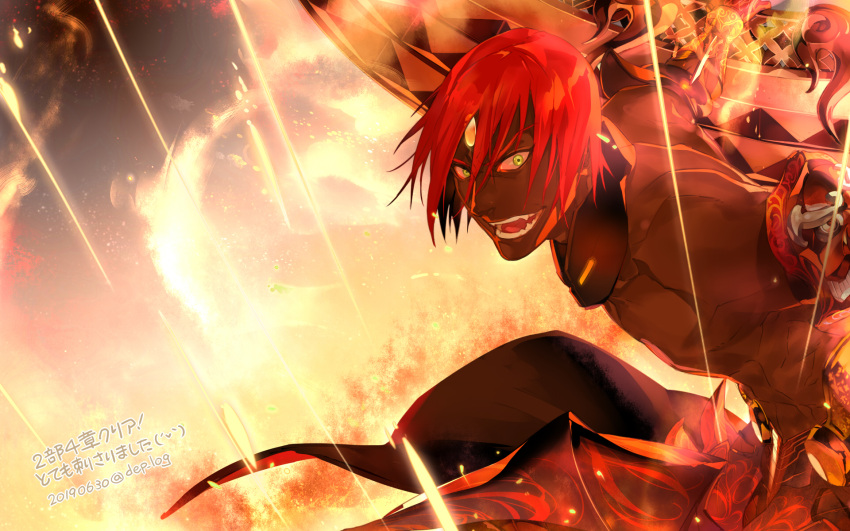 1boy :o angry ashwatthama_(fate/grand_order) dark_skin dated fate/grand_order fate_(series) fire forehead_jewel highres holding holding_weapon kaburaya looking_at_viewer male_focus open_mouth orange_background orange_theme redhead shirtless solo teeth translation_request upper_body weapon yellow_eyes