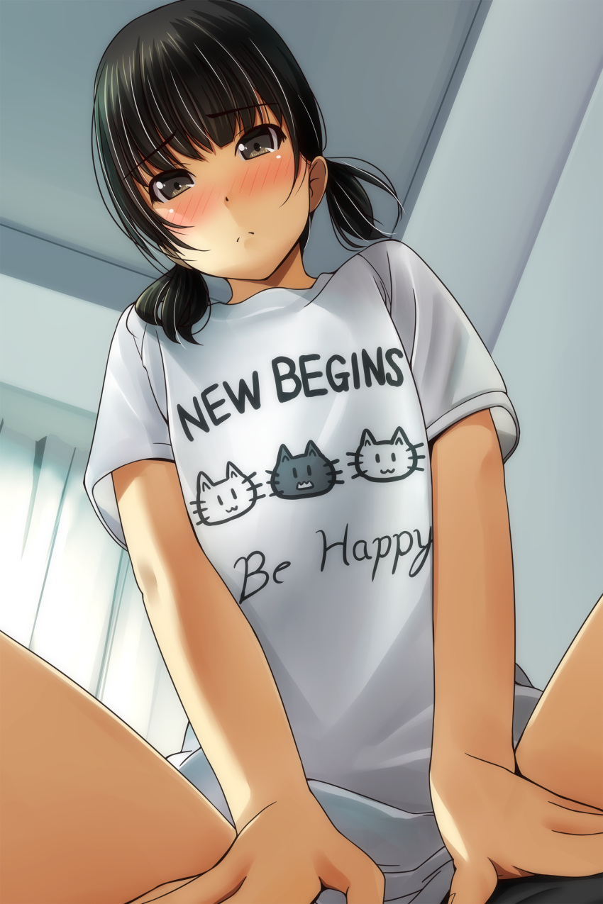 1girl absurdres animal_print bangs between_legs black_hair blush brown_eyes cat_print clothes_writing curtains english_text eyebrows_visible_through_hair fingernails hand_between_legs highres indoors looking_at_viewer low_twintails matsunaga_kouyou nose_blush original print_shirt shirt short_sleeves short_twintails sitting solo spread_legs t-shirt twintails white_shirt