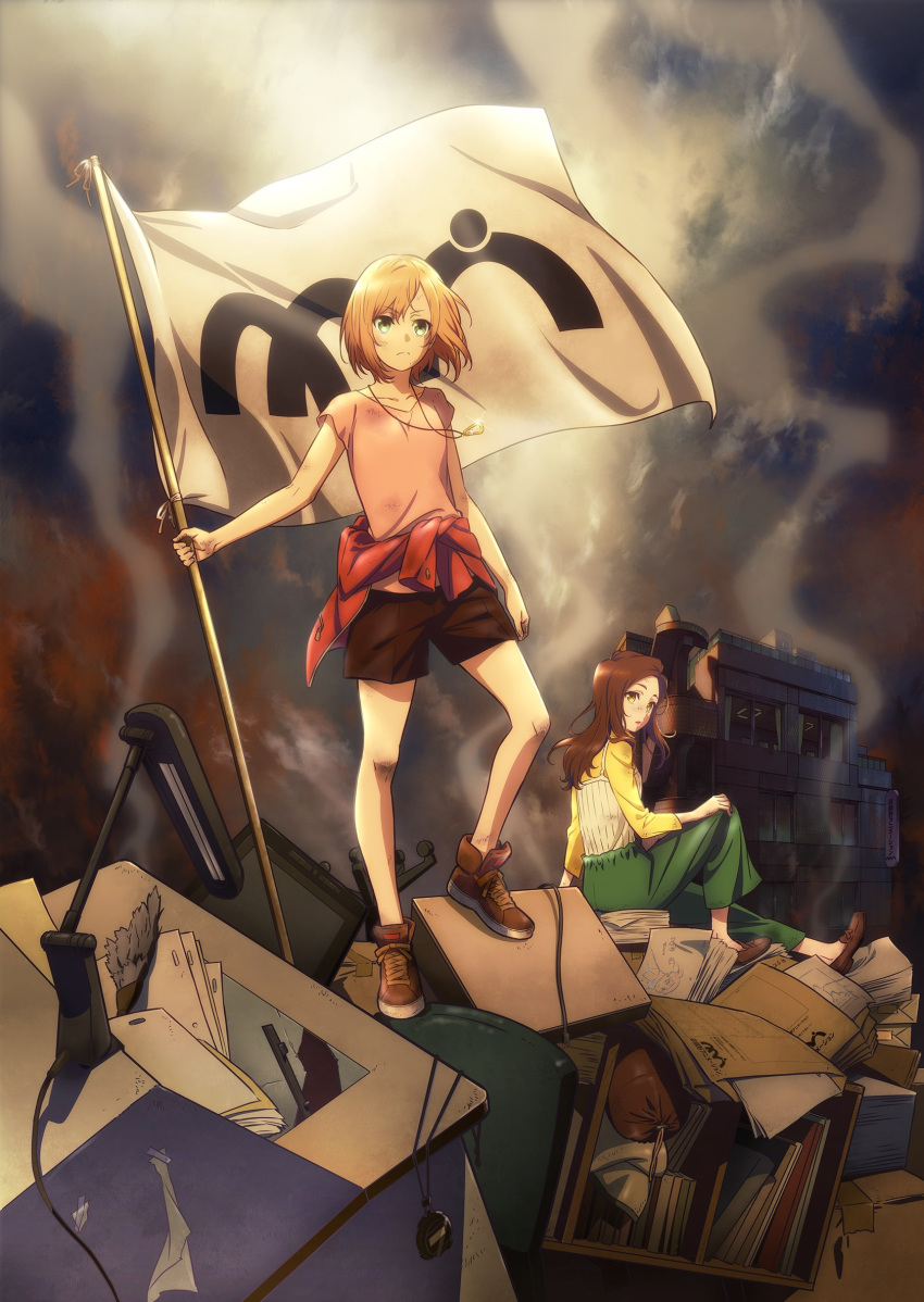 2girls bangs blonde_hair book bookshelf box brown_eyes brown_hair brown_shorts building cardboard_box chair clothes_around_waist clouds collarbone damaged desk_lamp eyebrows_visible_through_hair flag folder fountain_pen green_eyes green_pants highres holding holding_flag jacket jacket_around_waist jewelry key_visual lamp lips long_hair long_sleeves miyamori_aoi monitor multiple_girls necklace office_chair official_art outdoors pants paper parted_lips pen pile pink_shirt red_jacket rubble scuffed sekiguchi_kanami shirobako shirt short_hair short_sleeves shorts sitting sky smoke standing stopwatch swept_bangs watch