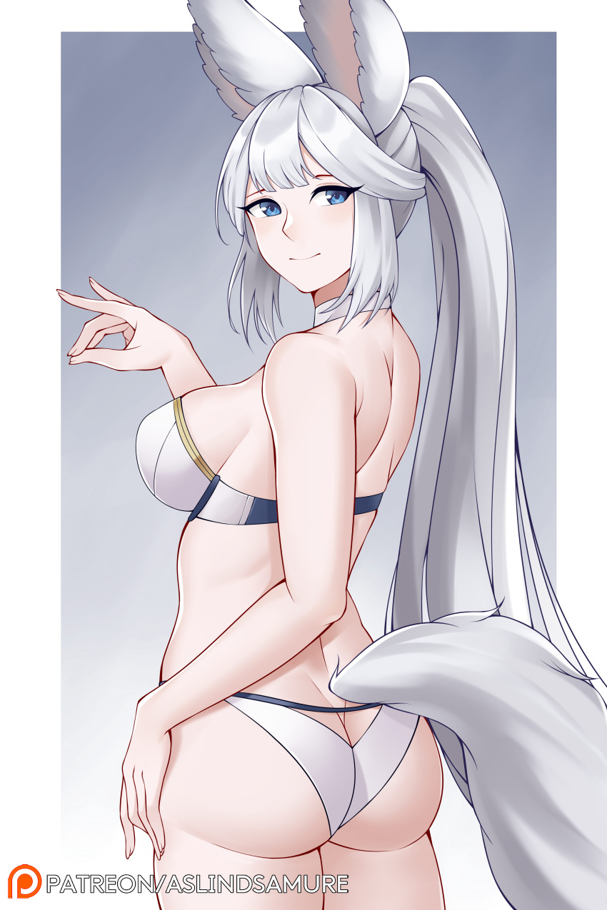 1girl absurdres animal_ears aslindsamure ass blue_eyes breasts butt_crack cowboy_shot erune fox_ears from_behind gradient gradient_background granblue_fantasy grey_background highres large_breasts long_hair patreon_logo patreon_username silver_hair smile socie_(granblue_fantasy) tail two-tone_bikini