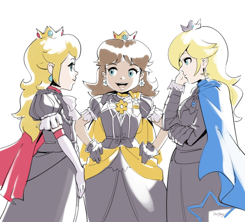 3girls black_dress black_gloves blonde_hair blue_eyes brown_hair cape crown dress earrings elbow_gloves fire_emblem fire_emblem:_three_houses gloves hands_on_hips highres jewelry long_hair looking_at_another super_mario_bros. mini_crown multiple_girls parody princess_daisy princess_peach puff_and_slash_sleeves puffy_short_sleeves puffy_sleeves rosalina short_sleeves simple_background stup-jam white_background white_gloves