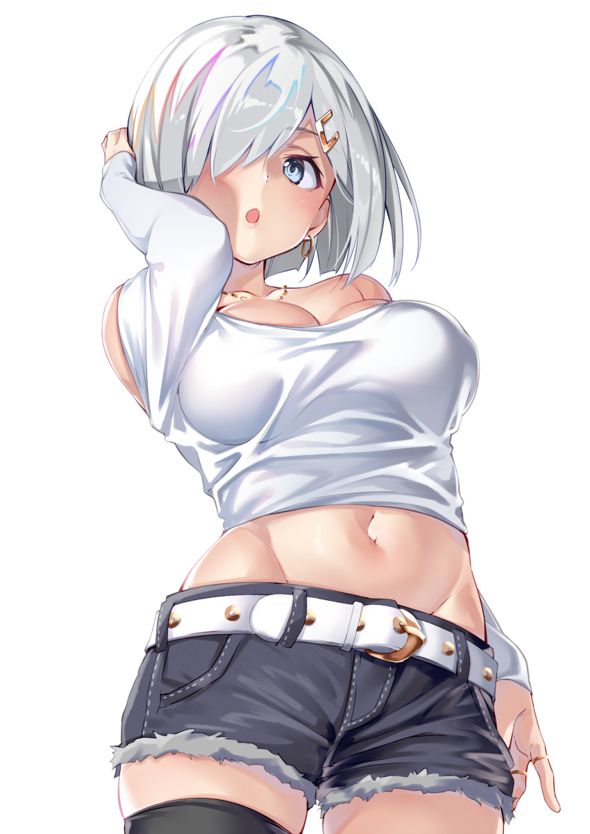 1girl :o absurdres alternate_costume arm_at_side bare_shoulders belt black_legwear blue_eyes breasts collar contemporary contrapposto cutoffs denim denim_shorts ebifurya fantia_reward from_below groin hair_flip hair_ornament hair_over_one_eye hairclip hamakaze_(kantai_collection) highres impossible_clothes impossible_shirt kantai_collection large_breasts looking_to_the_side navel off_shoulder paid_reward shirt short_hair short_shorts shorts silver_hair solo thigh-highs thighs white_background white_belt white_shirt