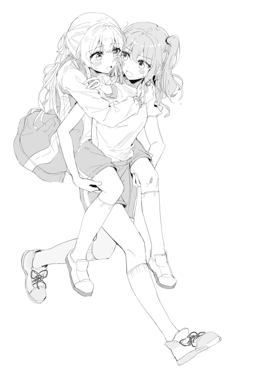 2girls bang_dream! bangs carrying carrying_over_shoulder eyebrows_visible_through_hair full_body greyscale gym_uniform hair_ornament hair_ribbon hanazono_suki highres long_hair looking_at_another matsubara_kanon monochrome multiple_girls open_mouth ribbon shirasagi_chisato shoes sneakers socks white_background