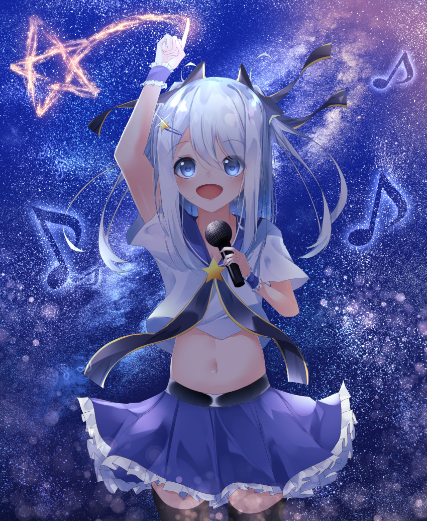 1girl :d absurdres arm_up bangs black_legwear blue_bow blue_eyes blue_sailor_collar blue_skirt bow commentary_request crop_top eighth_note eyebrows_visible_through_hair hair_between_eyes hair_bow highres holding holding_microphone long_hair microphone midriff musical_note navel night night_sky open_mouth original pleated_skirt sailor_collar school_uniform serafuku shirt short_sleeves silver_hair skirt sky smile solo star star_(sky) starry_sky suisen-21 thigh-highs two_side_up white_shirt wrist_cuffs