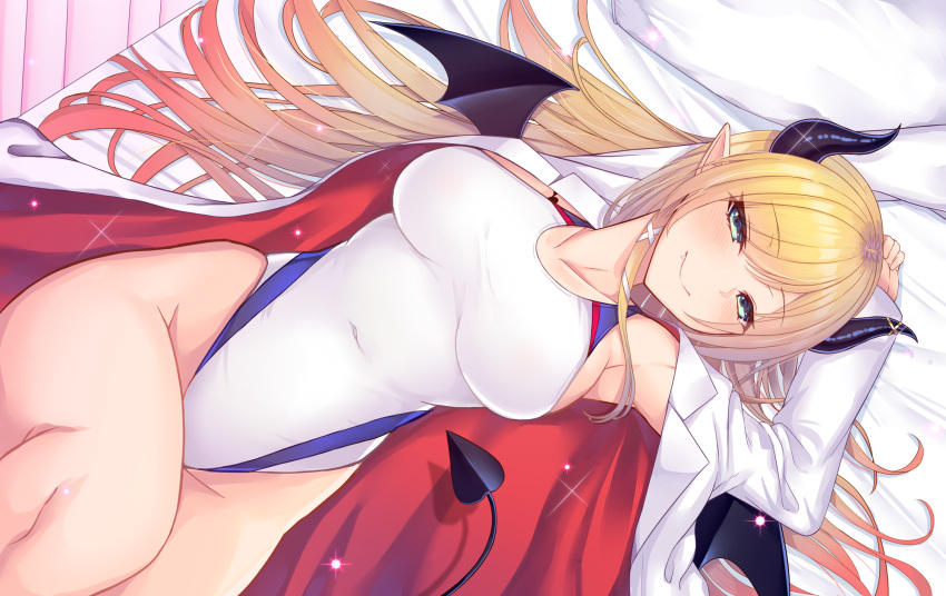 1girl arm_up bangs bed_sheet blonde_hair blush breasts closed_mouth commentary_request competition_swimsuit covered_navel curled_horns demon_girl demon_horns demon_tail demon_wings dutch_angle eyebrows_visible_through_hair fang fang_out green_eyes hair_ornament highres hololive horns knee_up labcoat large_breasts long_hair long_sleeves one-piece_swimsuit open_clothes pillow sleeves_past_wrists smile solo swimsuit swimsuit_under_clothes tail very_long_hair virtual_youtuber white_swimsuit wings x_hair_ornament yoshiheihe yuzuki_choco