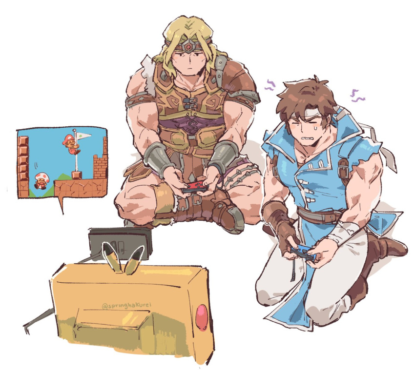 2boys akiyoku belt blonde_hair blue_eyes brown_hair cape castlevania castlevania:_rondo_of_blood controller game_console game_controller gloves handheld_game_console headband highres joy-con konami long_hair male_focus mario super_mario_bros. multiple_boys nintendo nintendo_ead nintendo_switch open_mouth pikachu playing_games pokemon pokemon_(game) richter_belmondo short_hair simon_belmondo sitting smile sora_(company) super_mario_maker super_smash_bros. television toad whip