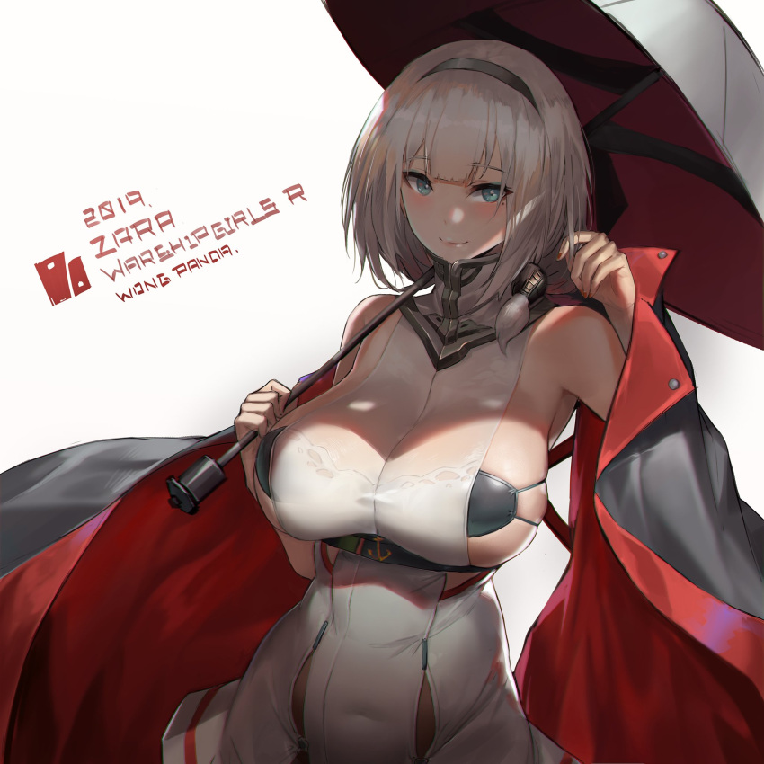 1girl artist_name bare_shoulders black_bra blue_eyes blush bra breasts character_name choker closed_mouth covered_navel dress eyeshadow grey_hair hair_over_shoulder hand_up highres holding holding_umbrella large_breasts makeup medium_hair mole mole_under_eye pandea_work red_nails simple_background skindentation sleeveless sleeveless_dress smile solo strapless strapless_bra tied_hair umbrella underbust underwear warship_girls_r white_background white_dress zara_(warship_girls_r)