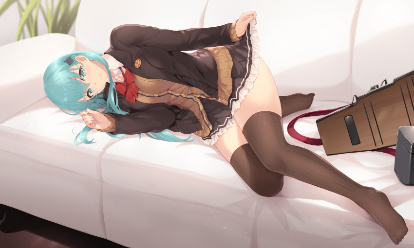1girl absurdres aqua_eyes aqua_hair bangs blazer blush bow bowtie breasts brown_cardigan brown_jacket brown_legwear brown_skirt cait cardigan collared_shirt couch hair_between_eyes hair_ornament hairclip highres huge_filesize jacket kantai_collection large_breasts long_hair looking_at_viewer lying on_side open_cardigan open_clothes petticoat pleated_skirt red_neckwear remodel_(kantai_collection) school_uniform shirt sidelocks skirt skirt_lift smile solo suzuya_(kantai_collection) thigh-highs white_shirt