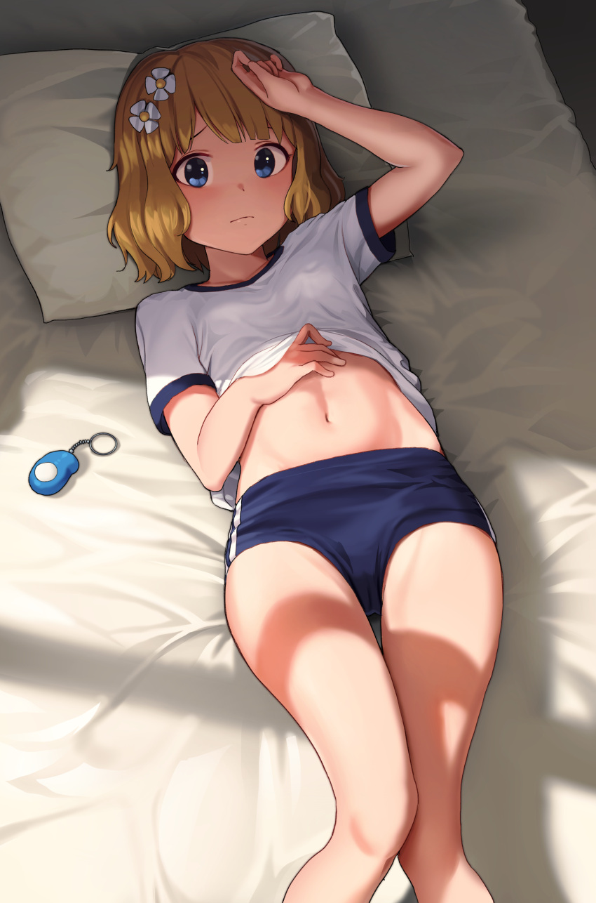 1girl absurdres arm_up bangs bed_sheet blonde_hair blue_buruma blue_eyes buruma closed_mouth commentary_request eyebrows_behind_hair feet_out_of_frame flower goback gym_shirt gym_uniform hair_flower hair_ornament highres idolmaster idolmaster_million_live! looking_at_viewer lying navel on_back on_bed pillow shirt short_hair short_sleeves solo stomach suou_momoko thigh_gap white_flower white_shirt