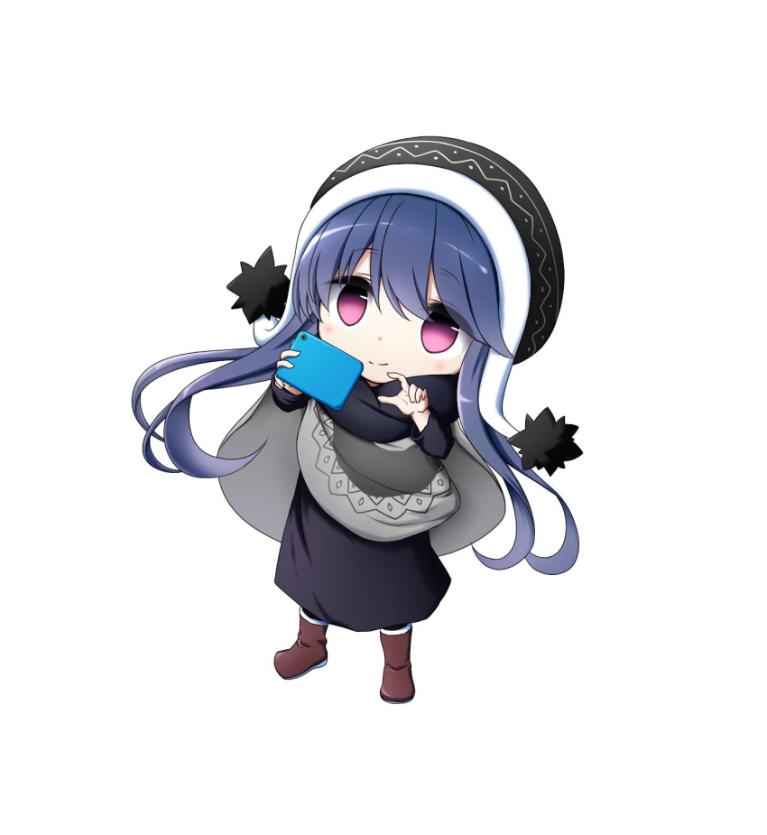 1girl bangs beanie black_dress black_headwear black_scarf blue_hair boots brown_footwear cellphone chibi closed_mouth dress eyebrows_visible_through_hair hair_between_eyes hat highres holding holding_cellphone holding_phone kuena long_hair long_sleeves looking_at_viewer phone scarf shima_rin simple_background smile solo standing very_long_hair violet_eyes white_background yurucamp