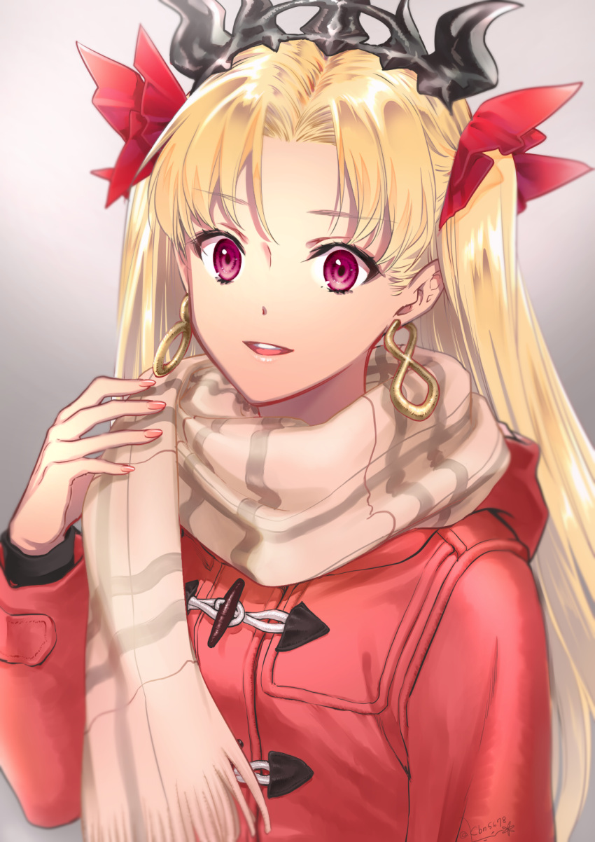 1girl bangs black_headwear blonde_hair coat commentary_request earrings ereshkigal_(fate/grand_order) fate/grand_order fate_(series) hair_ribbon highres infinity jewelry long_hair looking_at_viewer matatabi_kikuno parted_bangs red_coat red_eyes red_ribbon ribbon scarf smile solo tiara two_side_up upper_body very_long_hair winter_clothes winter_coat