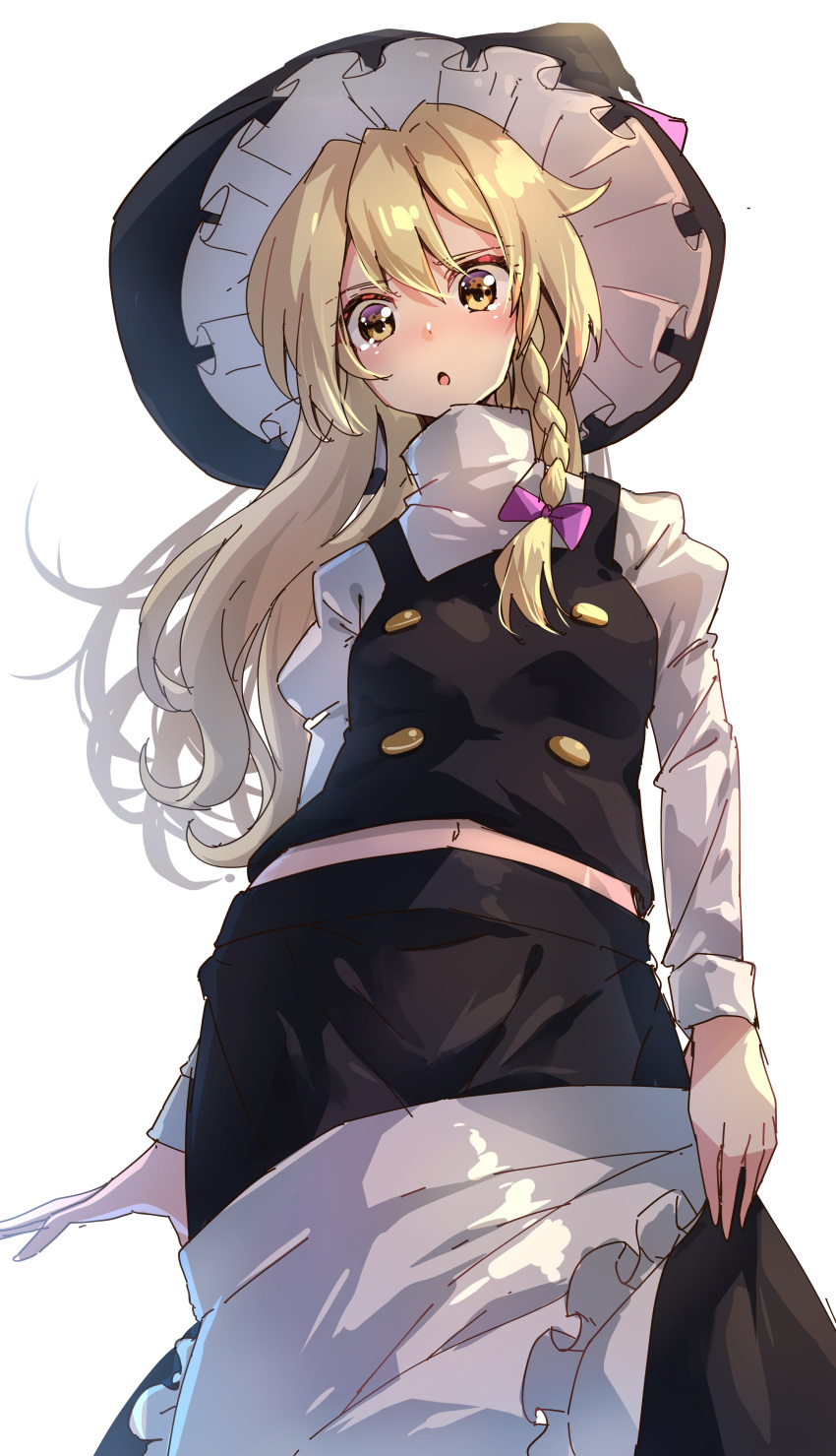 1girl :o absurdres apron bangs black_headwear black_skirt black_vest blonde_hair blush bow braid breasts commentary_request cowboy_shot darjeeling_(reley) eyebrows_visible_through_hair from_below hair_between_eyes hair_bow hat highres juliet_sleeves kirisame_marisa long_hair long_sleeves looking_at_viewer midriff_peek navel parted_lips puffy_sleeves purple_bow simple_background single_braid skirt skirt_set small_breasts solo standing touhou vest waist_apron white_apron white_background witch_hat yellow_eyes