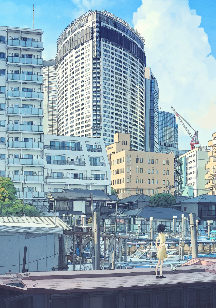 1girl arms_behind_back black_hair boat bob_cut building cat city clouds commentary crane dock dress highres house original power_lines real_world_location scenery shinagawa short_hair sky solo telephone_pole tokyo tokyo_(city) tree unagi189 watercraft