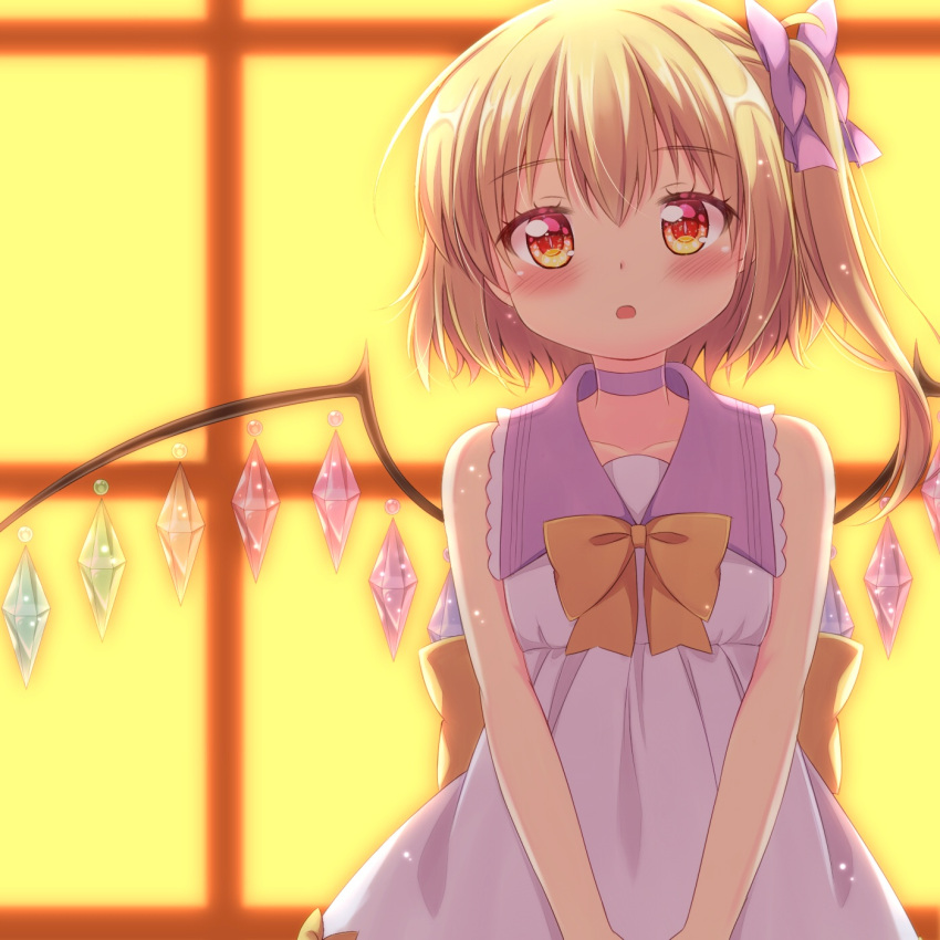 1girl :o alternate_costume bare_arms blonde_hair blush bow choker collarbone commentary_request cowboy_shot crystal dress eyebrows_visible_through_hair flandre_scarlet hair_between_eyes hair_ribbon head_tilt highres lavender_bow lavender_dress no_hat no_headwear orange_bow purple_choker purple_collar red_eyes ribbon short_hair side_ponytail sleeveless sleeveless_dress slit_pupils solo standing sundress tomo_takino touhou v_arms window wings