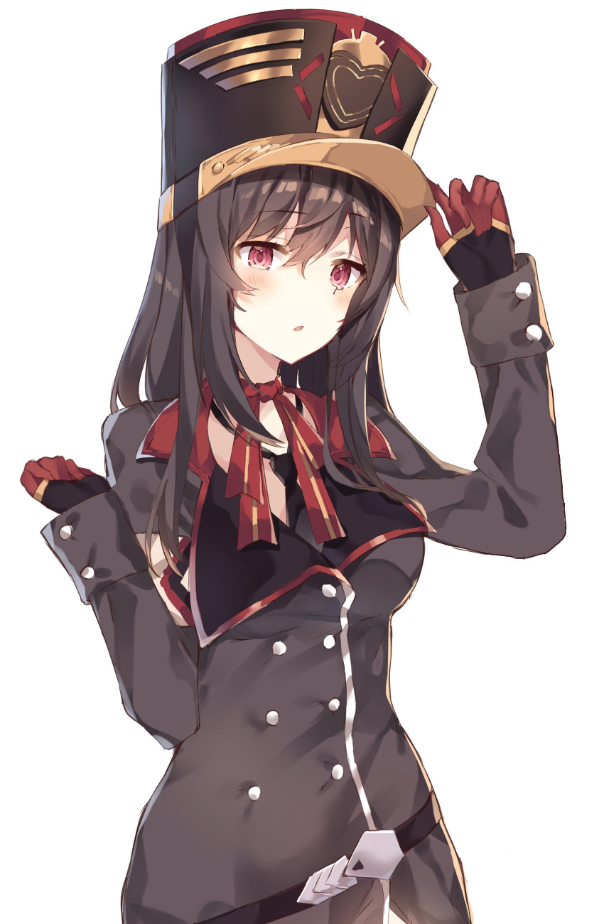 1girl absurdres arm_up bangs black_hair black_headwear black_jacket black_neckwear blush breasts commentary eyebrows_visible_through_hair girls_frontline gloves hair_between_eyes hand_on_own_headwear hand_up hat highres jacket leisss long_hair long_sleeves medium_breasts necktie parted_lips pzb39_(girls_frontline) red_eyes red_gloves simple_background sleeves_past_wrists solo white_background