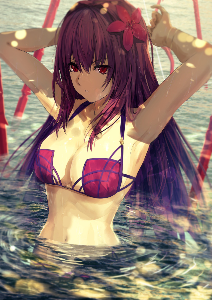 1girl absurdres alternate_costume arms_behind_head arms_up bikini bracelet breasts day fate/grand_order fate_(series) flower gae_bolg hair_flower hair_intakes hair_ornament hibiscus highres jewelry kumamoto_nomii-kun kunai large_breasts misaki_nonaka navel ocean open_mouth outdoors partially_submerged pink_bikini purple_bikini purple_hair red_eyes scathach_(fate)_(all) scathach_(swimsuit_assassin)_(fate) solo swimsuit weapon wet