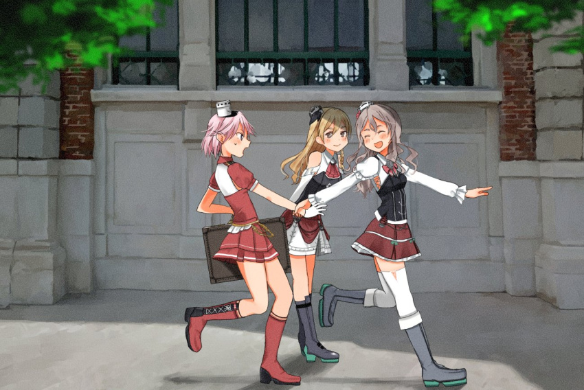 3girls annin_musou bare_shoulders blonde_hair boots bow bowtie braid breasts brown_eyes closed_eyes commentary_request dragging french_braid giuseppe_garibaldi_(kantai_collection) gloves grey_footwear grey_hair hair_between_eyes hat kantai_collection long_hair medium_breasts mini_hat miniskirt multiple_girls outdoors pink_eyes pink_hair pleated_skirt pola_(kantai_collection) red_footwear red_shirt red_skirt shirt short_hair skirt smile suitcase thick_eyebrows thigh-highs wavy_hair white_gloves white_headwear white_legwear white_shirt zara_(kantai_collection)
