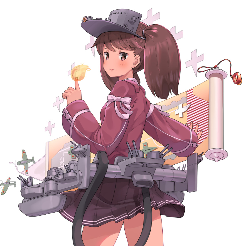 1girl aircraft airplane black_skirt brown_hair cannon closed_mouth commission cowboy_shot eyebrows_visible_through_hair fireball highres japanese_clothes kantai_collection kariginu long_hair long_sleeves looking_at_viewer pleated_skirt remodel_(kantai_collection) ryuujou_(kantai_collection) scroll simple_background skirt solo soushou_nin twintails visor_cap white_background