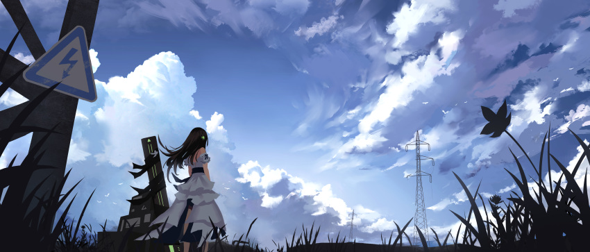 absurdres bare_arms bare_back bare_shoulders black_hair blue_sky box clouds cloudy_sky commentary_request crate day dress dress_bow field flower frilled_dress frills from_below from_ground girls_frontline grass green_headwear hands_together headphones high_voltage_symbol highres landscape long_hair looking_away m4a1_(girls_frontline) partial_commentary plant power_lines ribbed_dress scenery sign sky strapless strapless_dress sunlight tagme utility_pole waistband warning_sign weapon_case white_dress wjn-rance