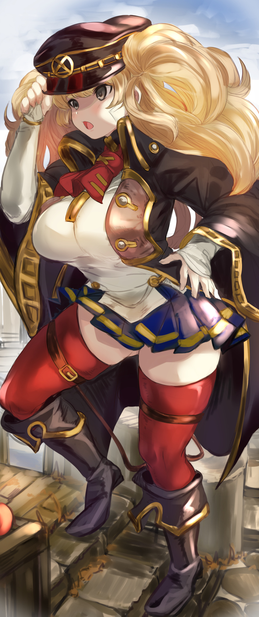 1girl absurdres bangs black_footwear black_jacket blonde_hair blue_skirt blush boots breasts full_body gloves granblue_fantasy grey_eyes hat highres jacket knee_boots large_breasts long_hair long_sleeves maou_(maoudaisukiya) monica_weisswind open_mouth peaked_cap pleated_skirt red_legwear shirt skirt solo thigh-highs thighs twintails white_shirt
