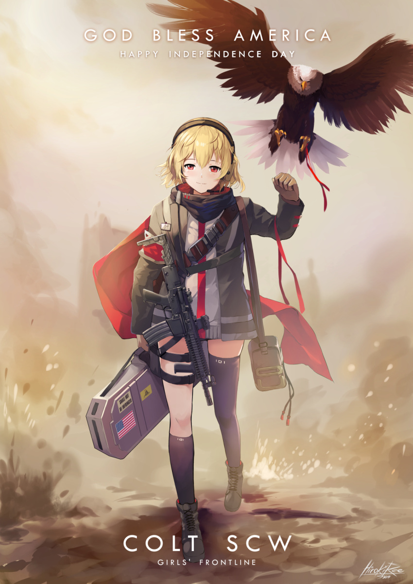 1girl armband asymmetrical_legwear bag bangs bird blonde_hair boots character_name dated dust eagle explosion full_body girls_frontline gloves gun hair_between_eyes hand_up head_tilt highres hiroki_ree holding holding_bag jacket kneehighs long_hair red_scarf rifle scarf scw_(girls_frontline) scw_(gun) short_hair signature single_kneehigh single_thighhigh skindentation smile snap-fit_buckle solo thigh-highs thigh_strap weapon wind